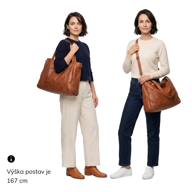 Prostorná kožená kabelka přes rameno Noelia Bolger materiál kůže zapínání na zip barva koňaková velikost velká NB 2422 KO Na postavě