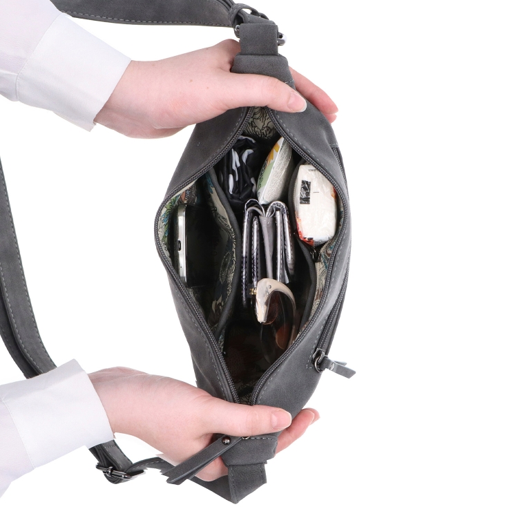Stylový dámský moonbag ze syntetického materiálu Tangerin materiál syntetická kůže zapínání na zip barva šedá velikost malá 1112 ANT Vnitřek