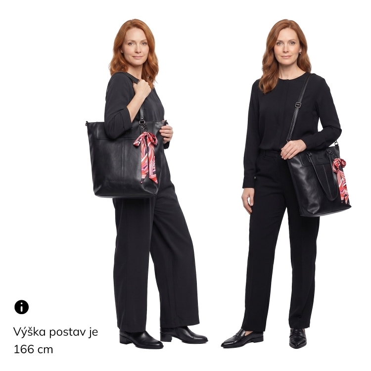 Prostorná shopper kabelka s ozdobným šátkem Le Sands materiál syntetická kůže zapínání na zip barva černá velikost velká 7726 C Na postavě