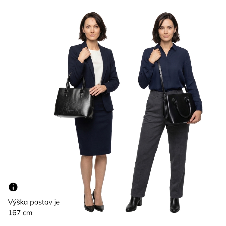 Kožená kabelka do práce i na schůzky Noelia Bolger materiál kůže zapínání na zip barva černá velikost střední NB 0113 C Na postavě
