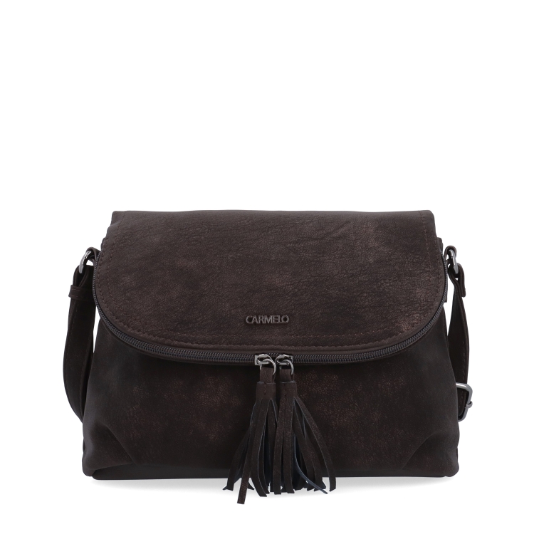 Stylová crossbody kabelka s praktickou klopou Carmelo materiál syntetická kůže zapínání na zip barva hnědá velikost malá 4661 TH Zepředu