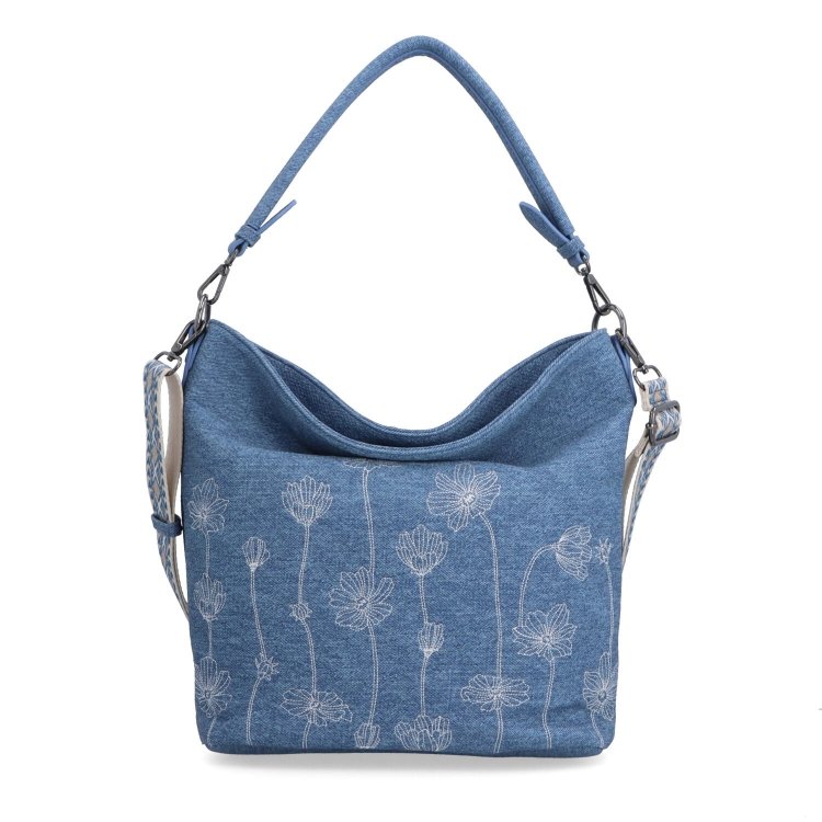 Prostorná crossbody kabelka s květinovým vzorem Indee materiál syntetická kůže zapínání na zip barva modrá velikost střední 6337 M Zepředu