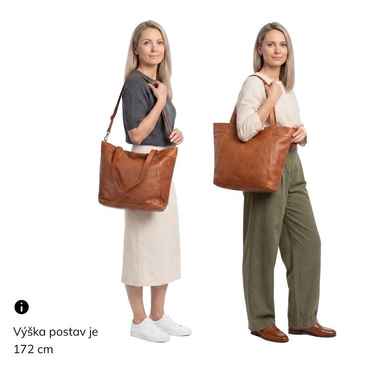 Prostorná kožená kabelka s popruhem Noelia Bolger materiál kůže zapínání na zip barva koňaková velikost velká NB 2421 KO Na postavě