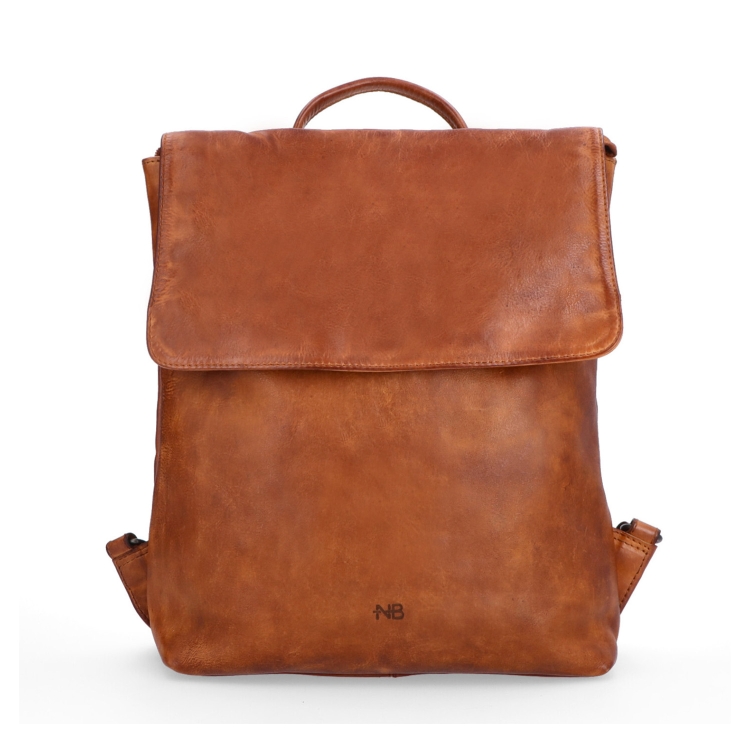 Kožený batoh s klopou ve vintage stylu Noelia Bolger materiál kůže zapínání na zip barva koňaková velikost střední NB 2014 KO Zepředu