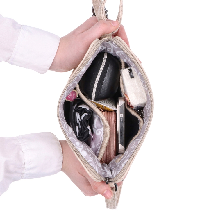 Minimalistická crossbody kabelka s jemným vzorem Carmelo materiál syntetická kůže zapínání na zip barva béžová velikost malá 4397 BE Vnitřek