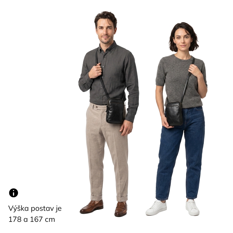 Stylová kožená crossbody taška Noelia Bolger materiál kůže zapínání na zip barva černá velikost malá NB 2419 C Na postavě