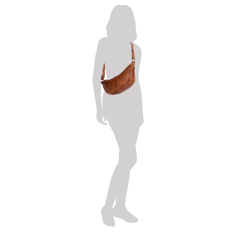 Kožená moonbag kabelka přes rameno Noelia Bolger materiál kůže zapínání na zip barva koňaková velikost malá NB 2412 KO Na postavě