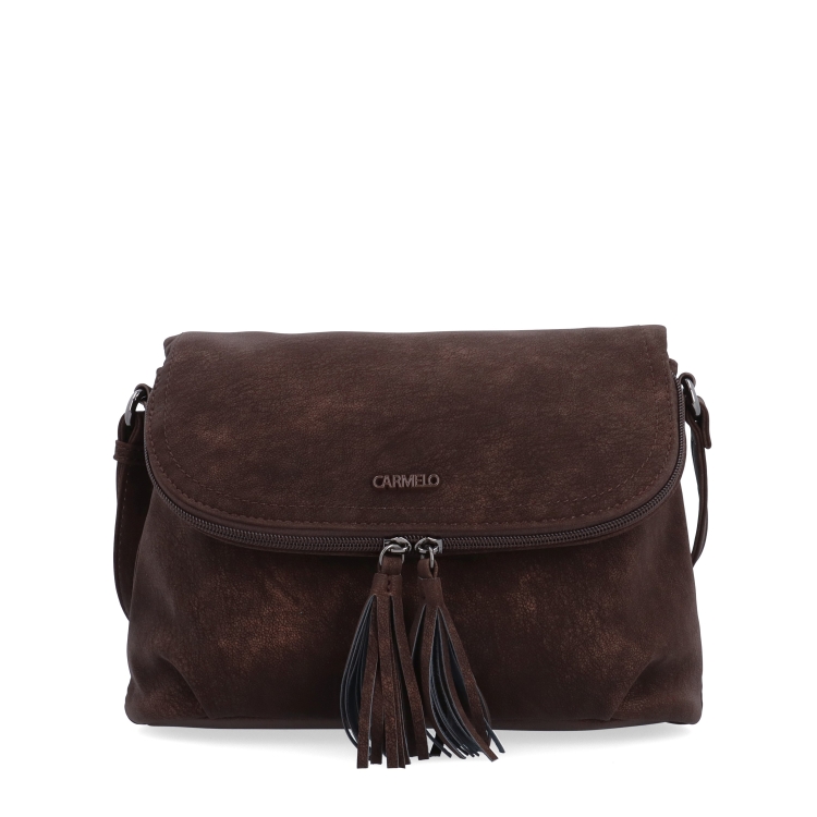 Stylová crossbody kabelka s praktickou klopou Carmelo materiál syntetická kůže zapínání na zip barva hnědá velikost malá 4661 H Zepředu