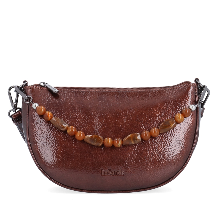 Stylová crossbody kabelka s odnímatelným ozdobným řetízkem Le Sands materiál syntetická kůže zapínání na zip barva hnědá velikost malá 4639 H Zepředu