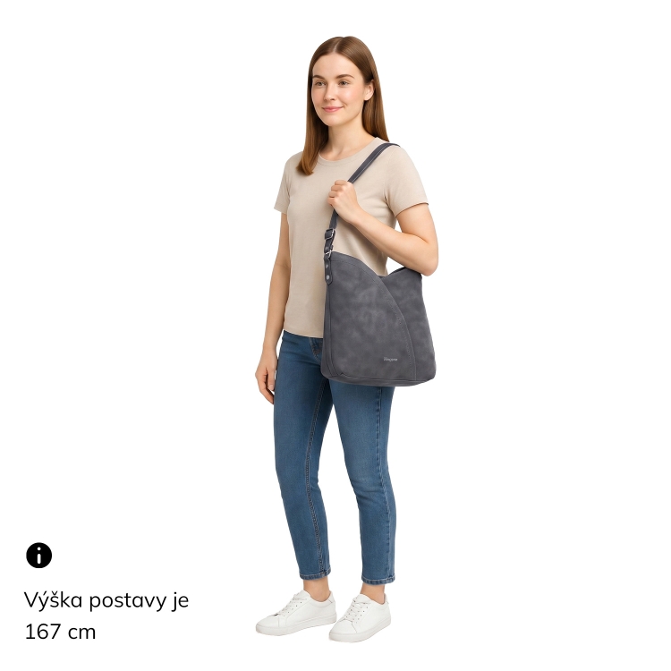 Elegantní kabelka s předním prošitím Tangerin materiál syntetická kůže zapínání na zip barva šedá velikost střední 1102 ANT Na postavě