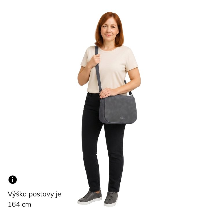 Elegantní crossbody kabelka s klopou Tangerin materiál syntetická kůže zapínání na zip barva šedá velikost střední 1115 ANT Na postavě