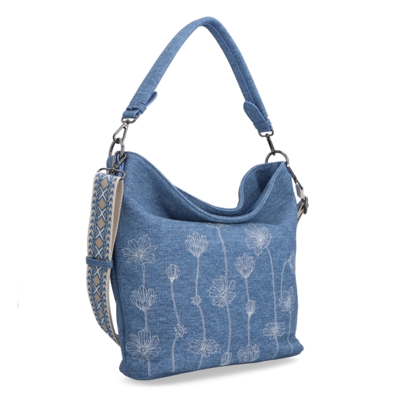 Prostorná crossbody kabelka s květinovým vzorem Indee materiál syntetická kůže zapínání na zip barva modrá velikost střední 6337 M