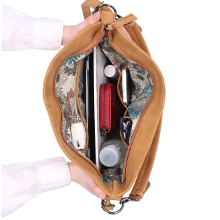 Hobo kabelka s originálním patchwork designem Tangerin materiál syntetická kůže zapínání na zip barva koňaková velikost střední 1119 CAM Vnitřek
