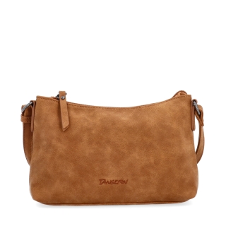Malá elegantní crossbody kabelka Tangerin materiál syntetická kůže zapínání na zip barva koňaková velikost malá 1109 KO Zepředu