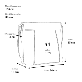 Velká crossbody kabelka na formát A4 Tangerin materiál syntetická kůže zapínání na zip barva černá velikost velká 8037 C Rozměry