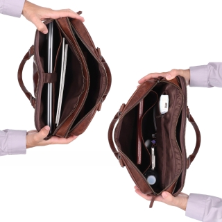Kožená pánská taška s přihrádkami na notebook Poyem materiál kůže zapínání na zip barva hnědá velikost velká 2222 Poyem H Vnitřek