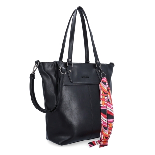 Prostorná shopper kabelka s ozdobným šátkem Le Sands materiál syntetická kůže zapínání na zip barva černá velikost velká 7726 C