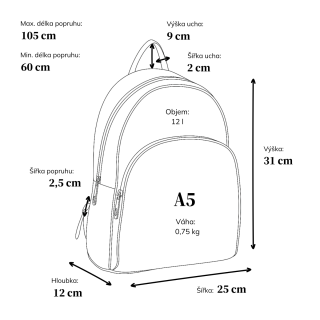 Stylový dámský batoh do města Tangerin materiál syntetická kůže zapínání na zip barva černá velikost střední 1113 C Rozměry