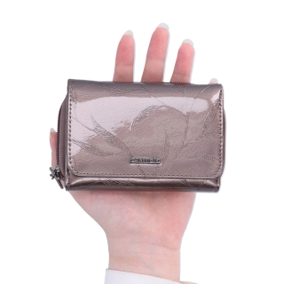 Elegantní lakovaná kožená peněženka Carmelo materiál kůže zapínání na zip barva taupe velikost malá 2105 L T V ruce