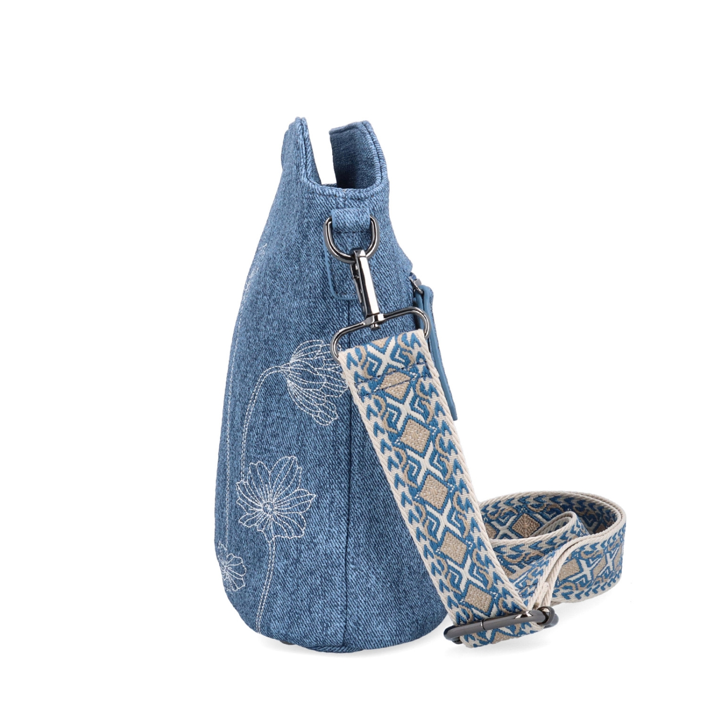Crossbody kabelka s dekorativním vzorem a širokým popruhem Indee materiál syntetická kůže zapínání na zip barva modrá velikost malá 6343 M Z boku