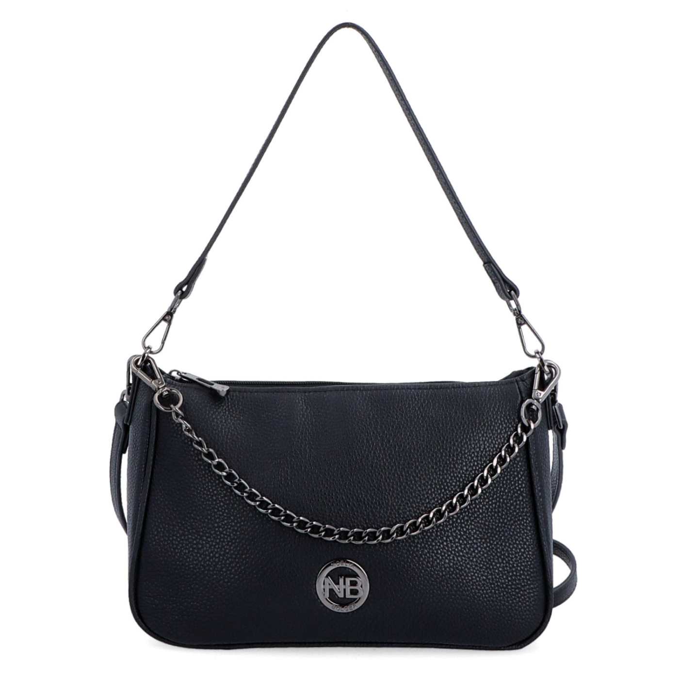 Kožená crossbody kabelka se stříbrným řetízkem Noelia Bolger materiál kůže zapínání na zip barva černá velikost malá NB 3015 C Zepředu