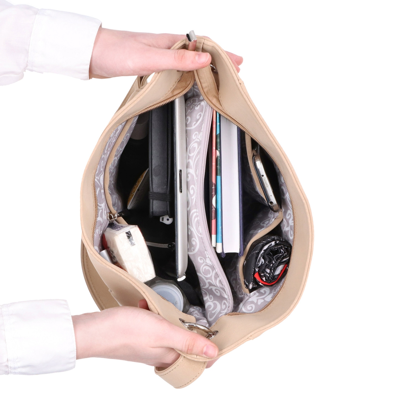 Městská crossbody kabelka s hebkým povrchem a děleným vnitřkem Tangerin materiál syntetická kůže zapínání na zip barva šedá velikost střední 7015 SS Vnitřek
