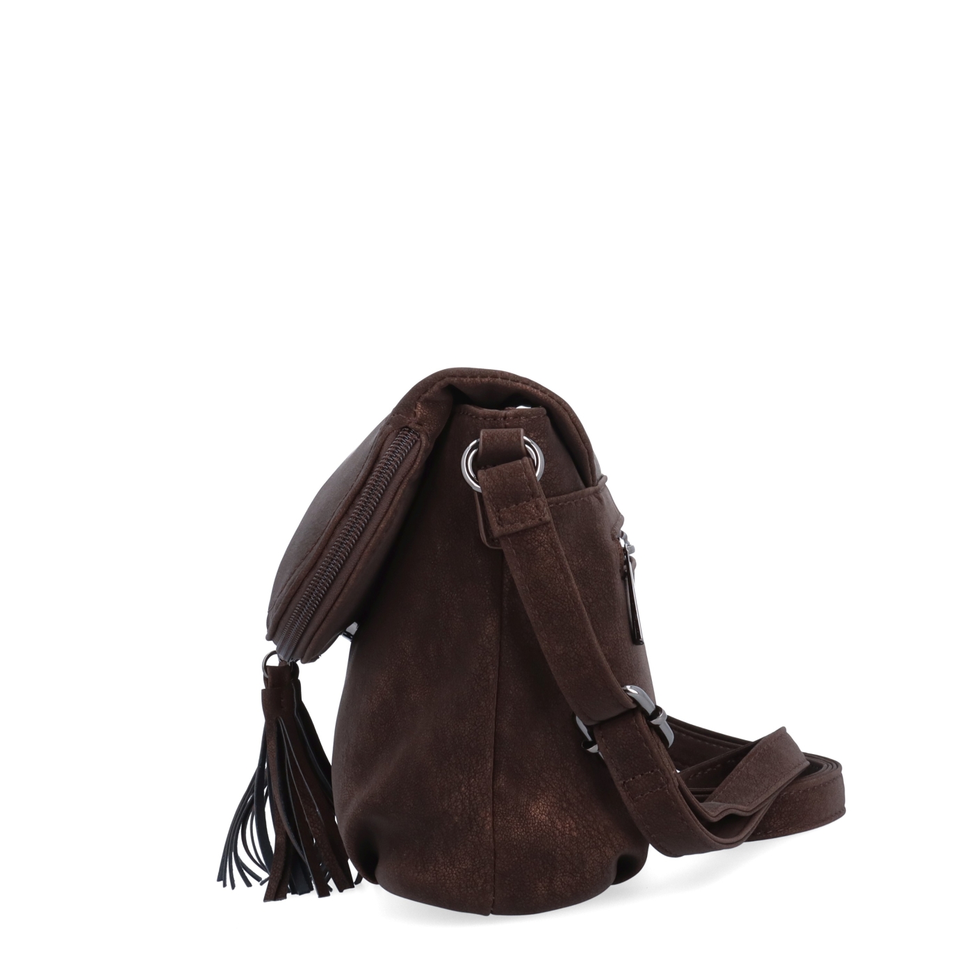 Stylová crossbody kabelka s praktickou klopou Carmelo materiál syntetická kůže zapínání na zip barva hnědá velikost malá 4661 H Z boku