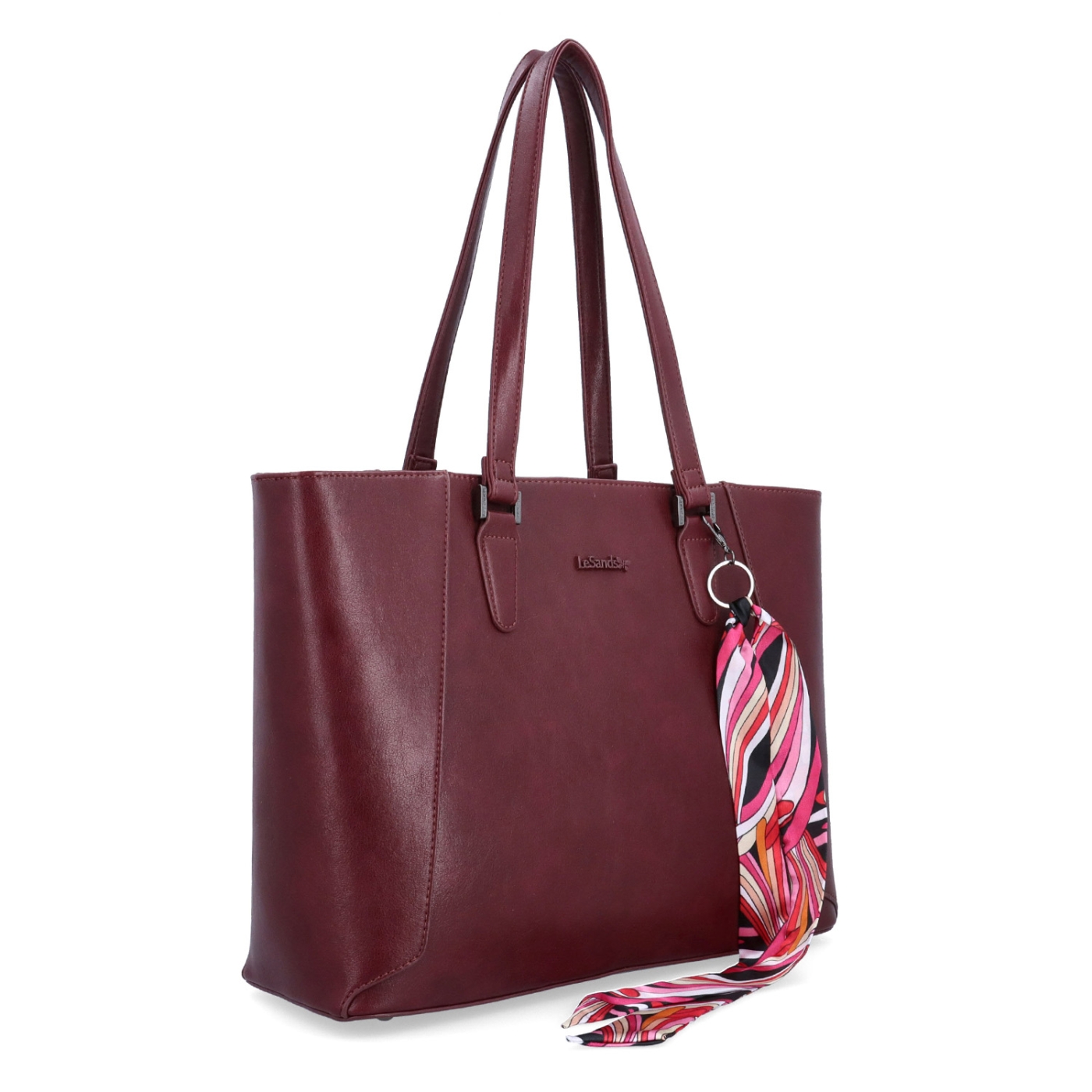 Prostorná shopper kabelka s ozdobným šátkem Le Sands materiál syntetická kůže zapínání na zip barva vínová velikost velká 7705 BO