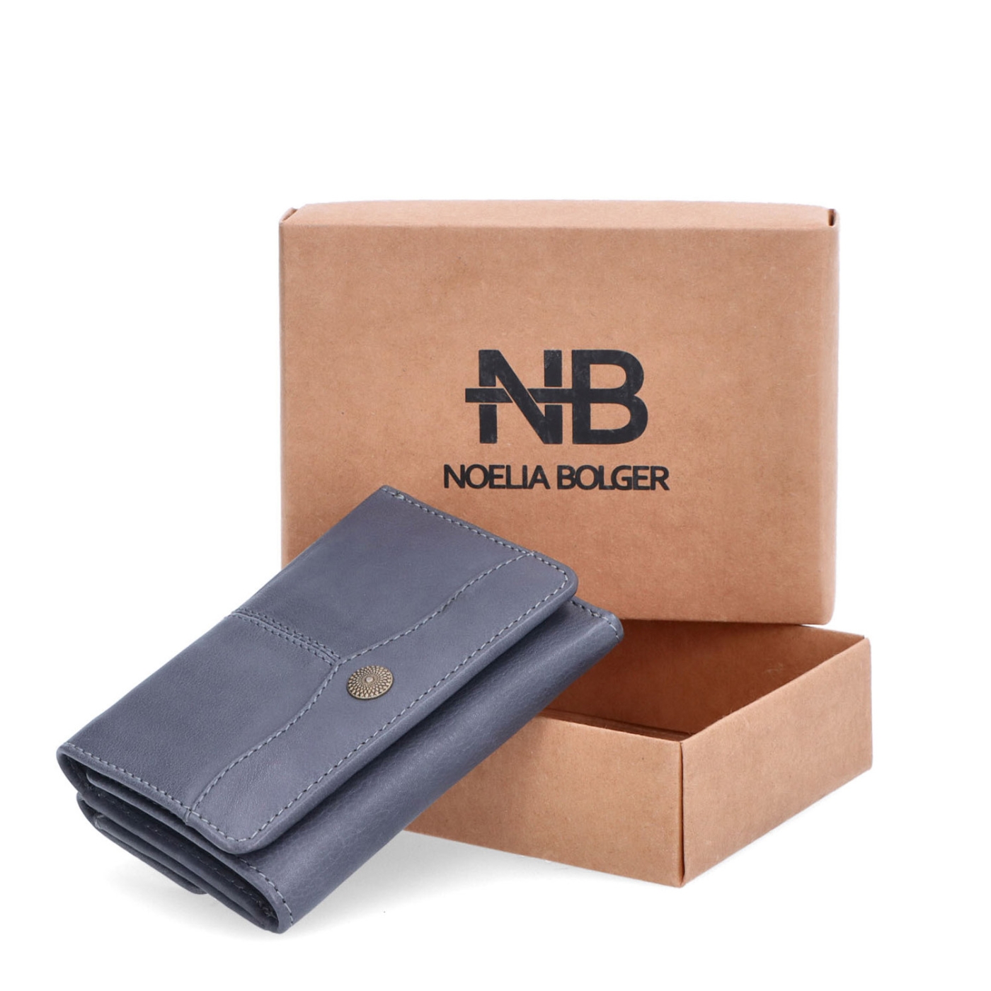 Minimalistická kožená peněženka s prošíváním Noelia Bolger materiál kůže zapínání na cvoček barva modrá velikost malá 5129 NB JE Krabička