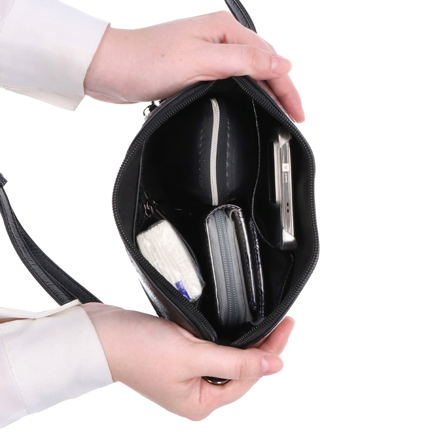 Elegantní crossbody kabelka s čistým designem Le Sands materiál syntetická kůže zapínání na zip barva béžová velikost malá 4607 PRL Vnitřek