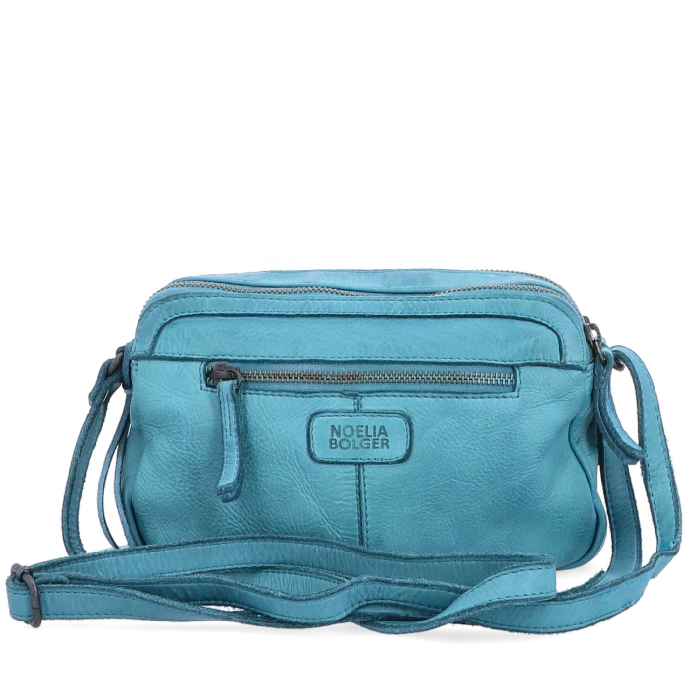 Minimalistická kožená crossbody kabelka Noelia Bolger materiál kůže zapínání na zip barva tyrkysová velikost malá NB 2407 TYR Zezadu