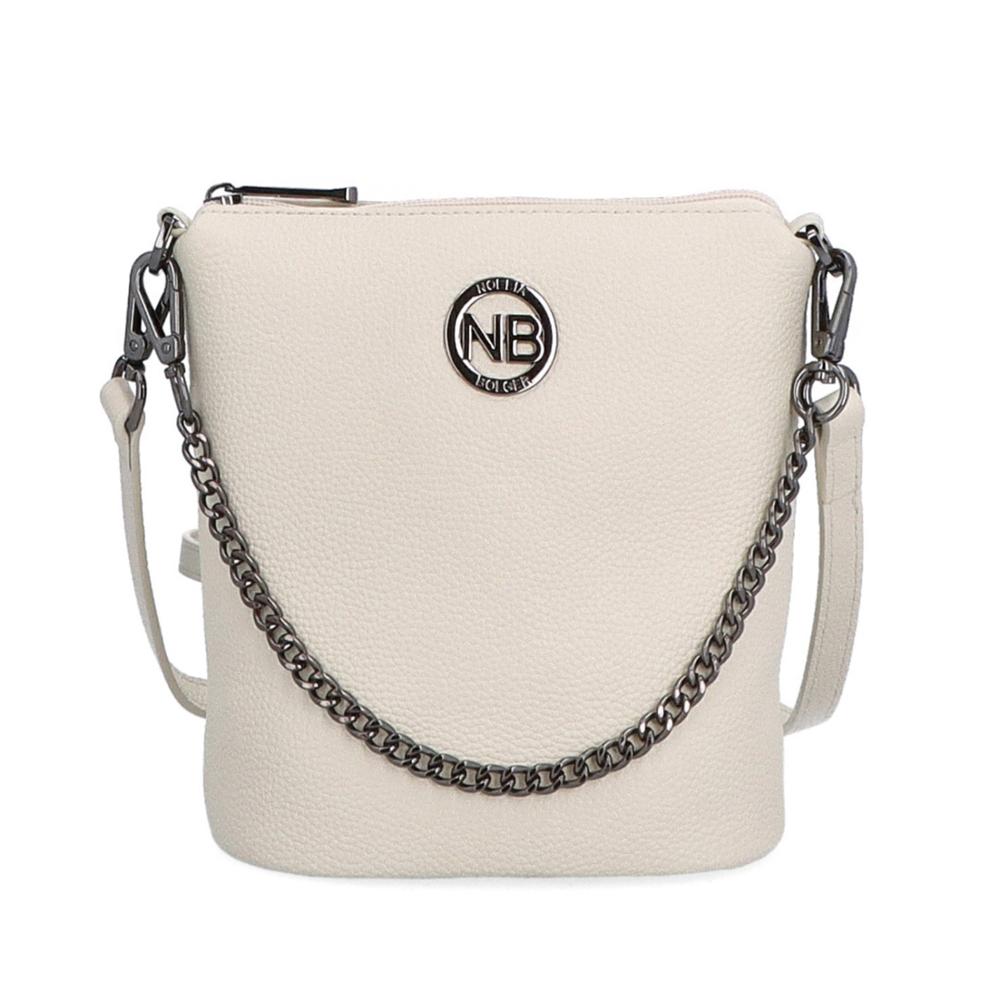 Malá kožená crossbody kabelka s výrazným řetízkem Noelia Bolger materiál kůže zapínání na zip barva béžová velikost malá NB 3016 K Zepředu