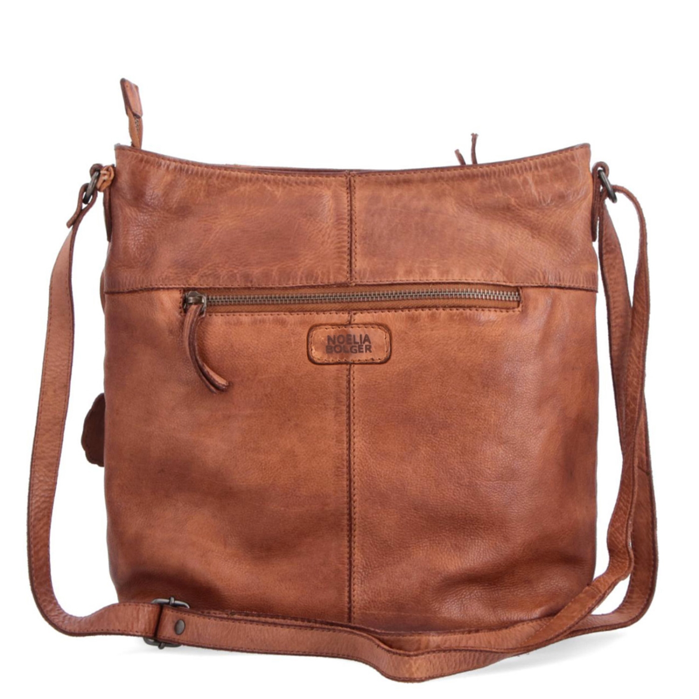 Kožená kabelka s perforací a nastavitelným crossbody popruhem Noelia Bolger materiál kůže zapínání na zip barva koňaková velikost střední NB 2029 KO Zezadu