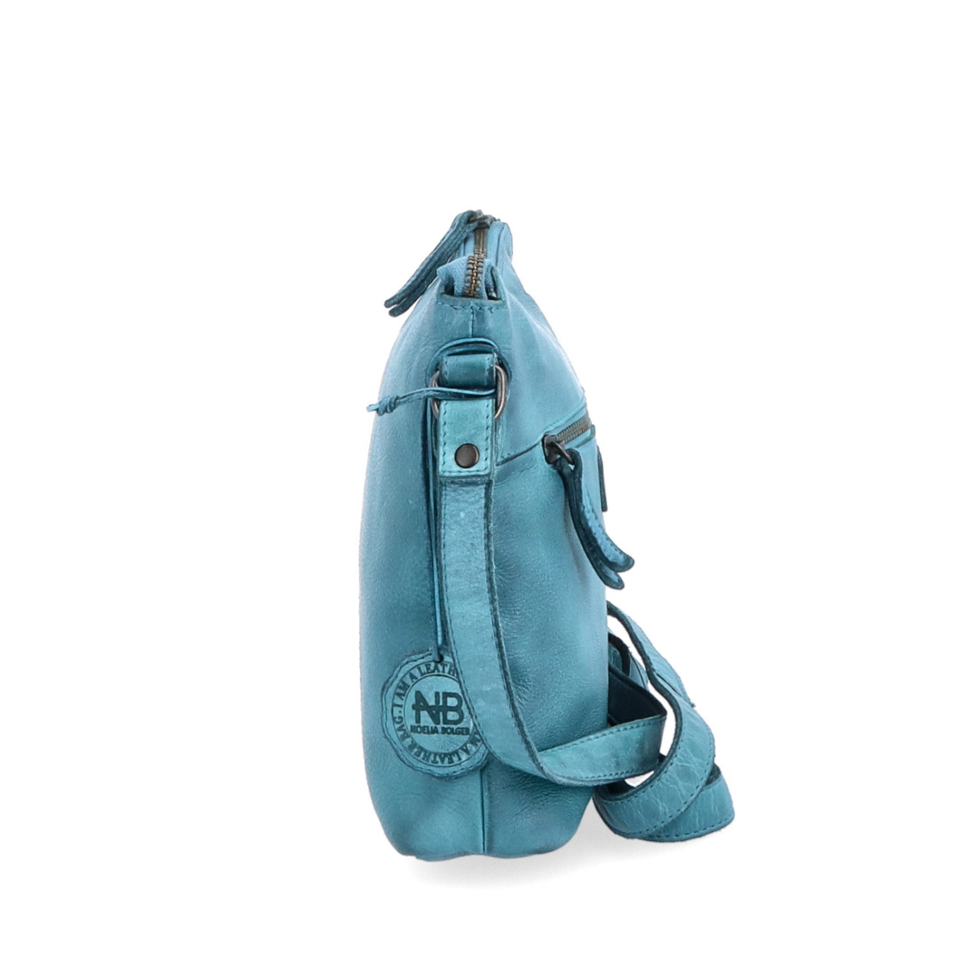 Kožená crossbody kabelka s moderním designem Noelia Bolger materiál kůže zapínání na zip barva tyrkysová velikost malá NB 2400 TYR Z boku