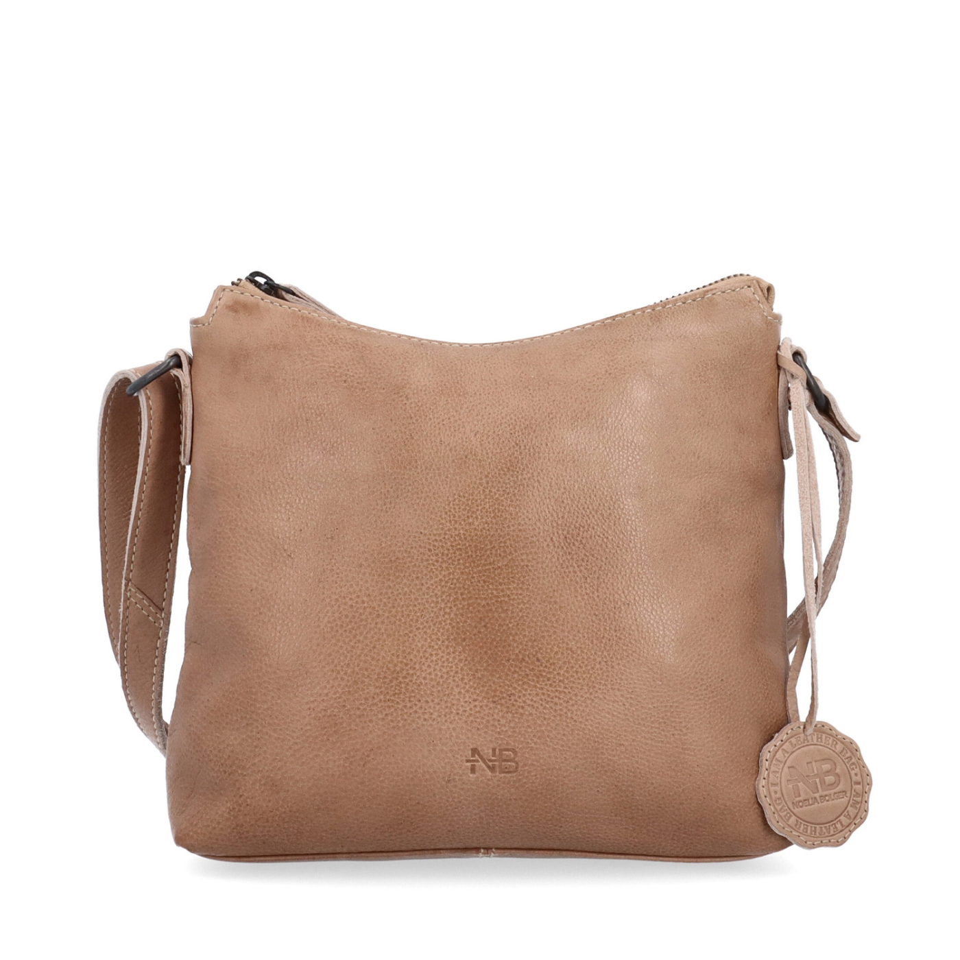 Kožená crossbody kabelka s moderním designem Noelia Bolger materiál kůže zapínání na zip barva béžová velikost malá NB 2400 BE Zepředu
