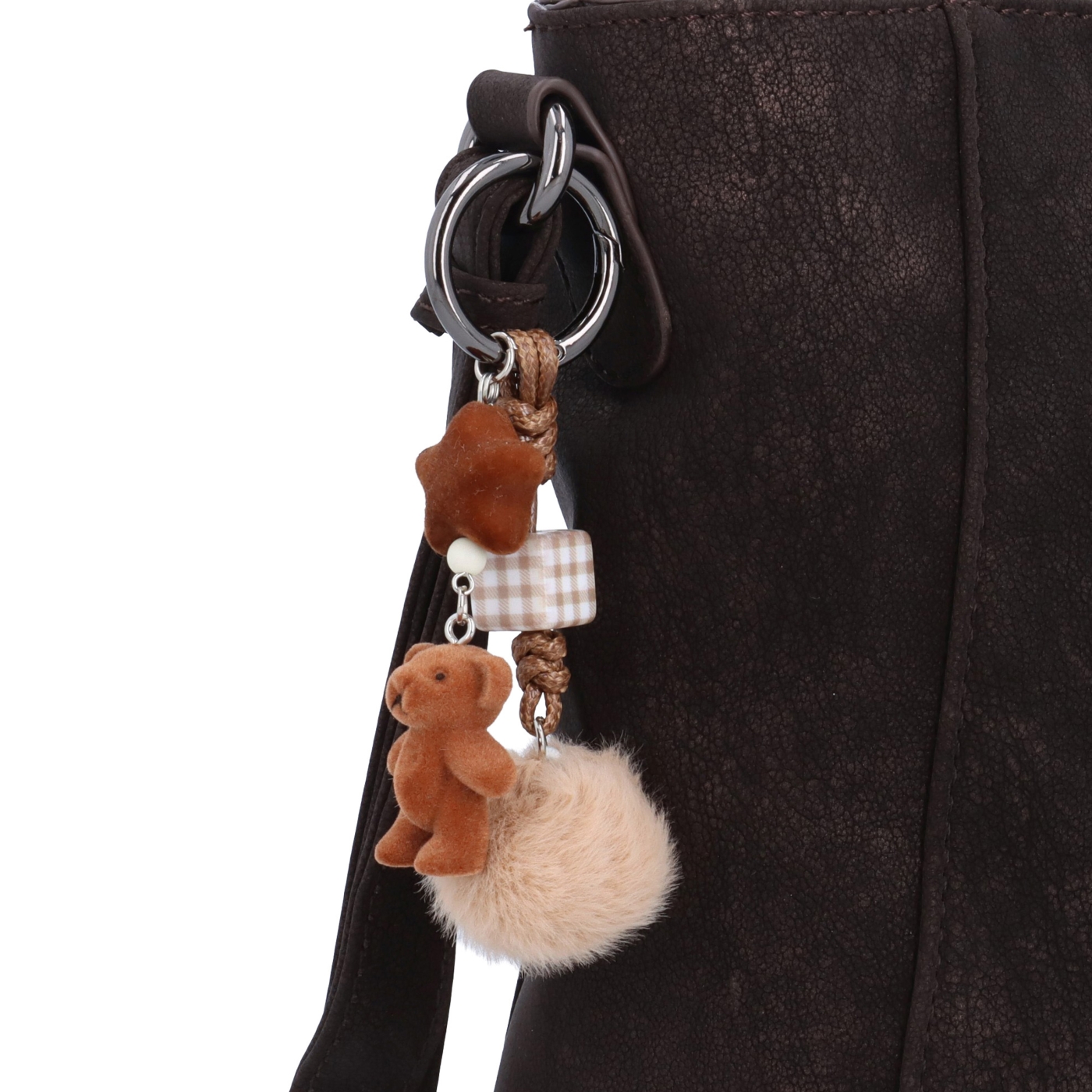 Stylová crossbody kabelka s odepínacím přívěskem Carmelo materiál syntetická kůže zapínání na zip barva hnědá velikost malá 4662 TH Detail