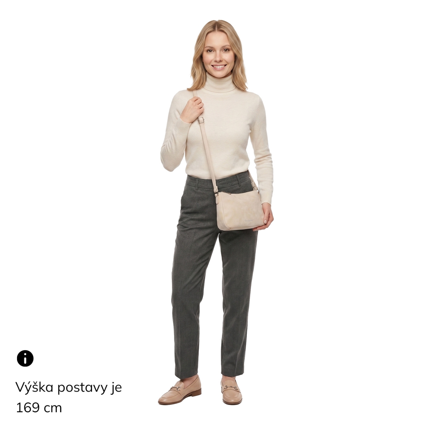 Malá minimalistická crossbody kabelka s hebkým povrchem Tangerin materiál syntetická kůže zapínání na zip barva béžová velikost malá 7016 BE Na postavě