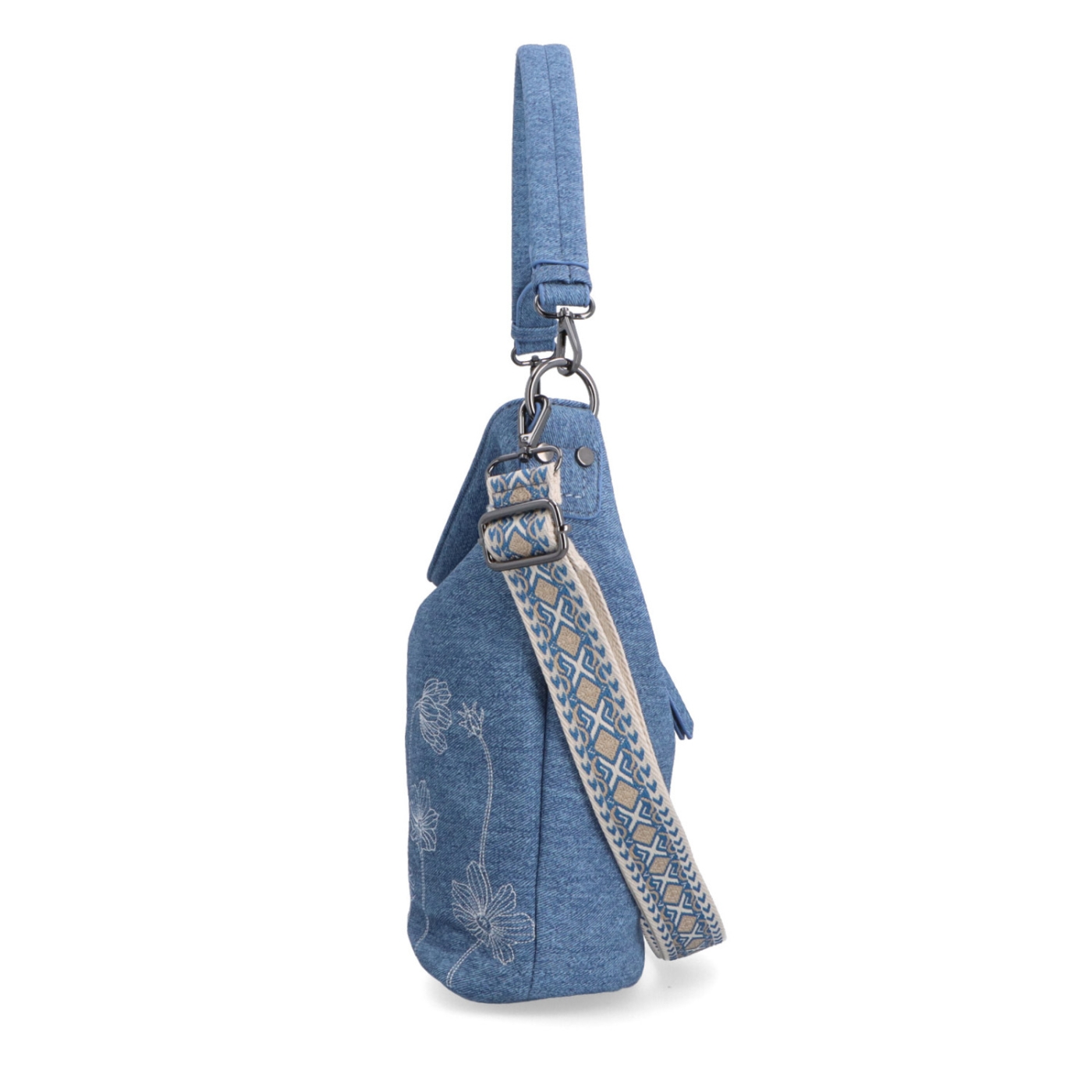 Prostorná crossbody kabelka s květinovým vzorem Indee materiál syntetická kůže zapínání na zip barva modrá velikost střední 6337 M Z boku