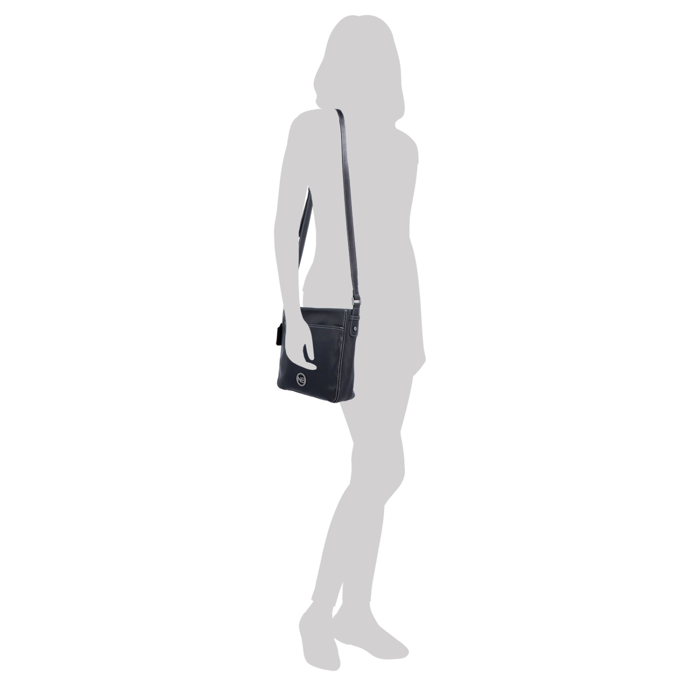 Malá kožená crossbody kabelka s výraznějším prošitím Noelia Bolger materiál kůže zapínání na zip barva černá velikost malá NB 3004 C Na postavě