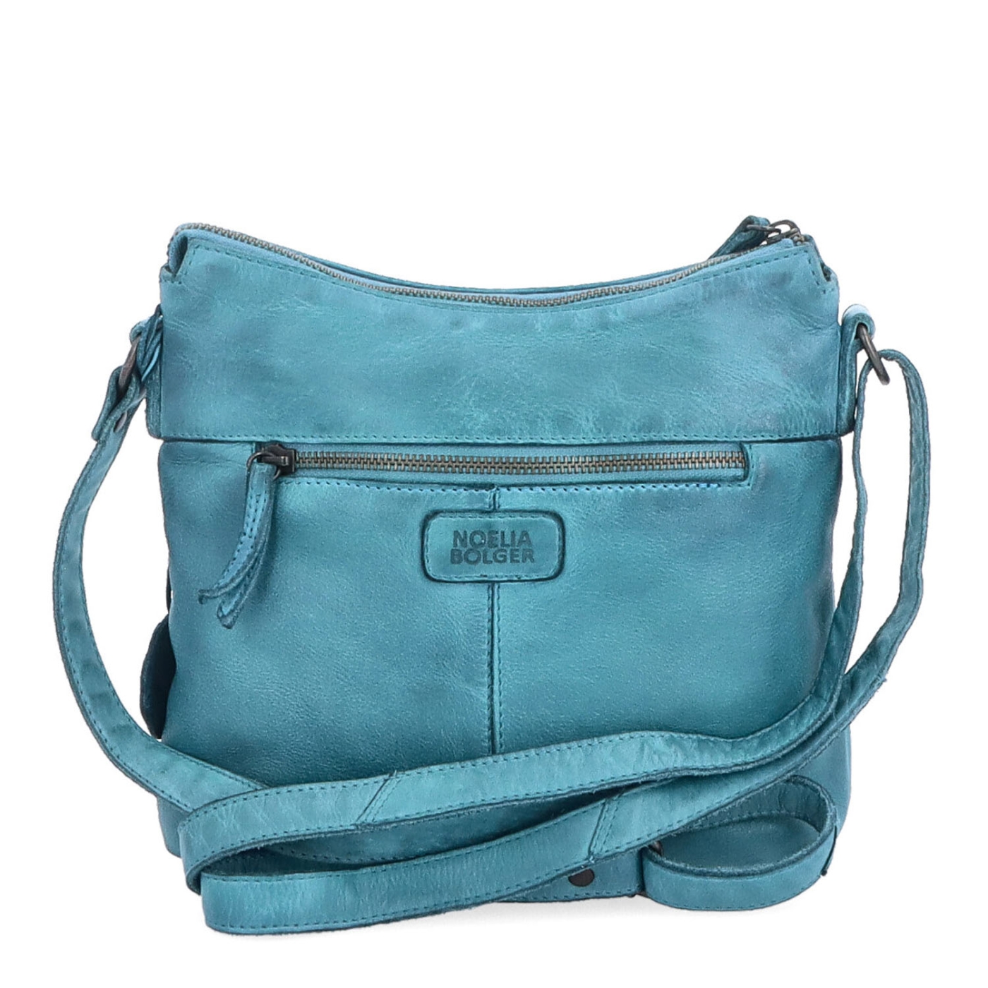 Kožená crossbody kabelka s moderním designem Noelia Bolger materiál kůže zapínání na zip barva tyrkysová velikost malá NB 2400 TYR Zezadu