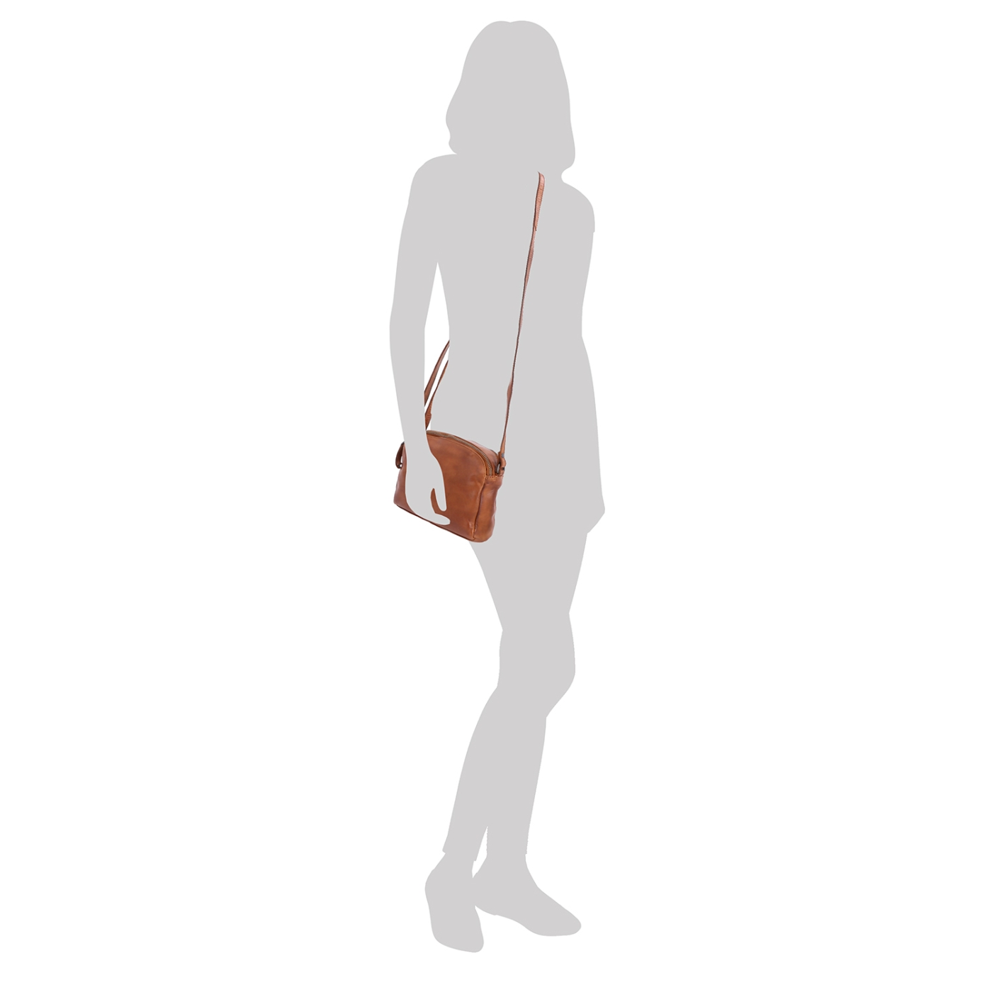 Kvalitní kožená crossbody kabelka Noelia Bolger materiál kůže zapínání na zip barva koňaková velikost malá NB 2408 KO Na postavě