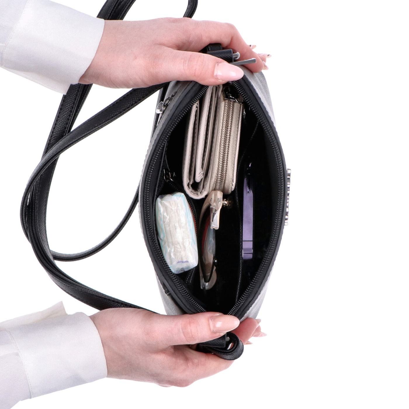 Malá crossbody kabelka s minimalistickým designem Le Sands materiál syntetická kůže zapínání na zip barva šedá velikost malá 4611 ANT Vnitřek