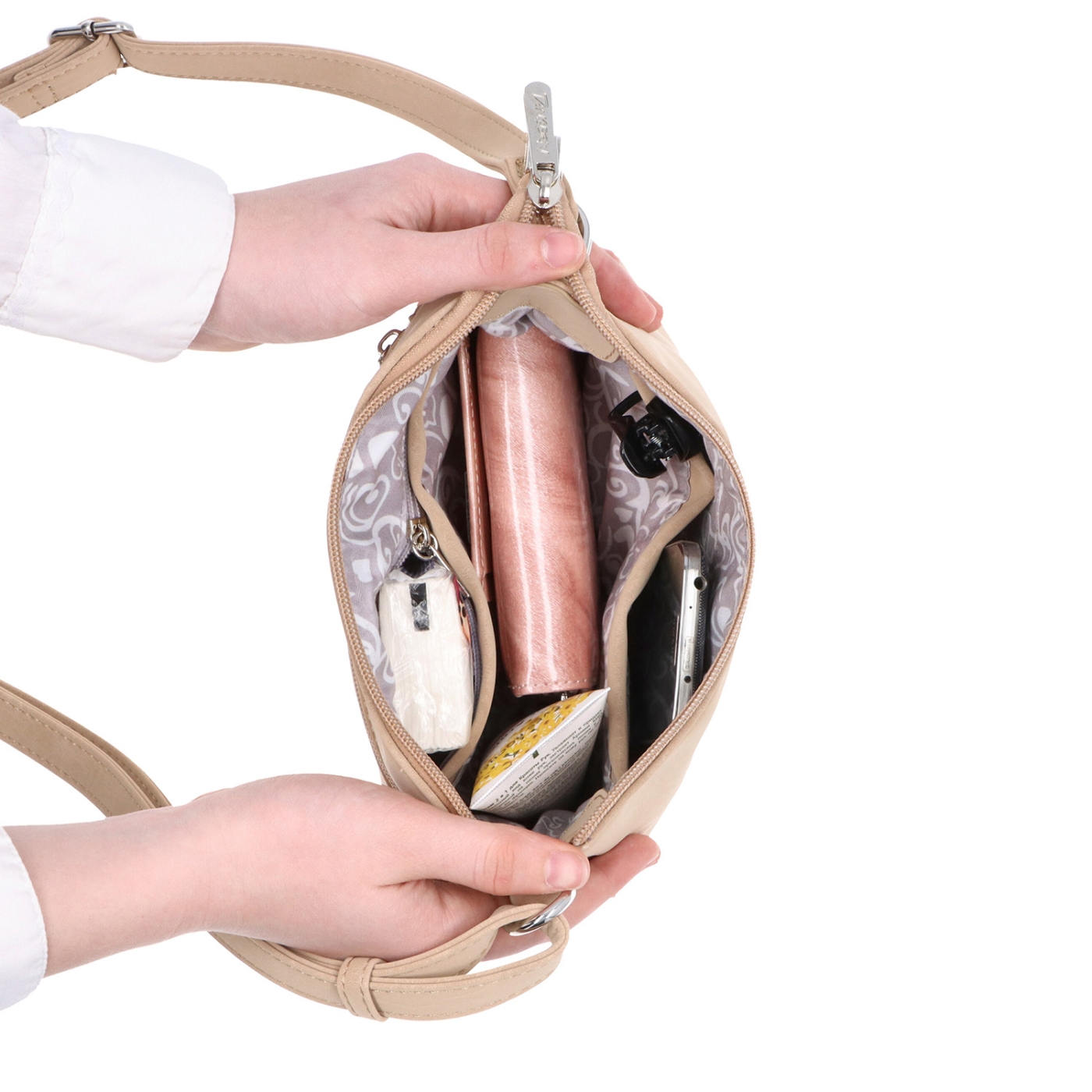 Malá minimalistická crossbody kabelka s hebkým povrchem Tangerin materiál syntetická kůže zapínání na zip barva béžová velikost malá 7016 BE Vnitřek