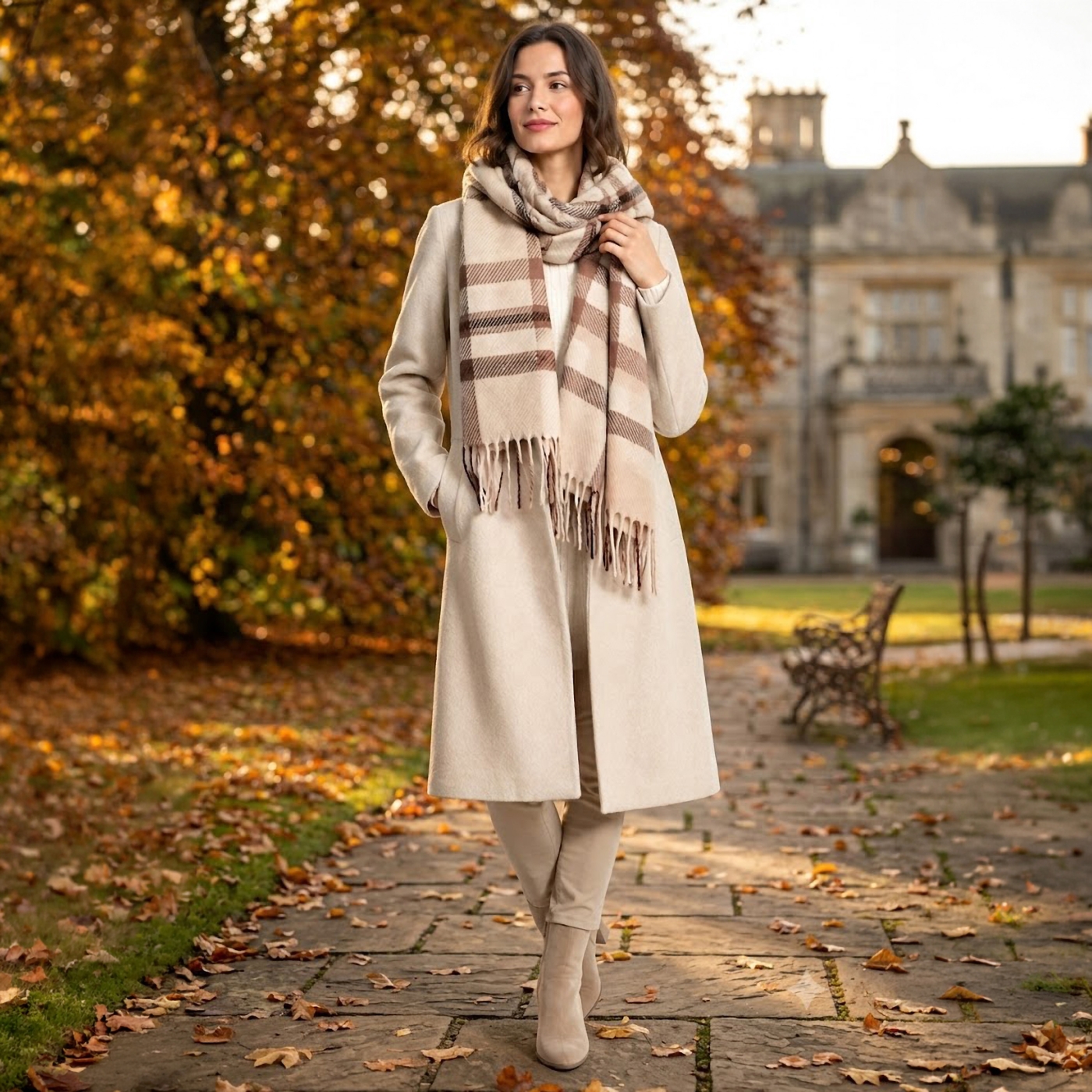 Příjemná šála s kostkovaným vzorem Noelia Bolger materiál Polyester s příměsí vlny barva béžová KZ001 - 06