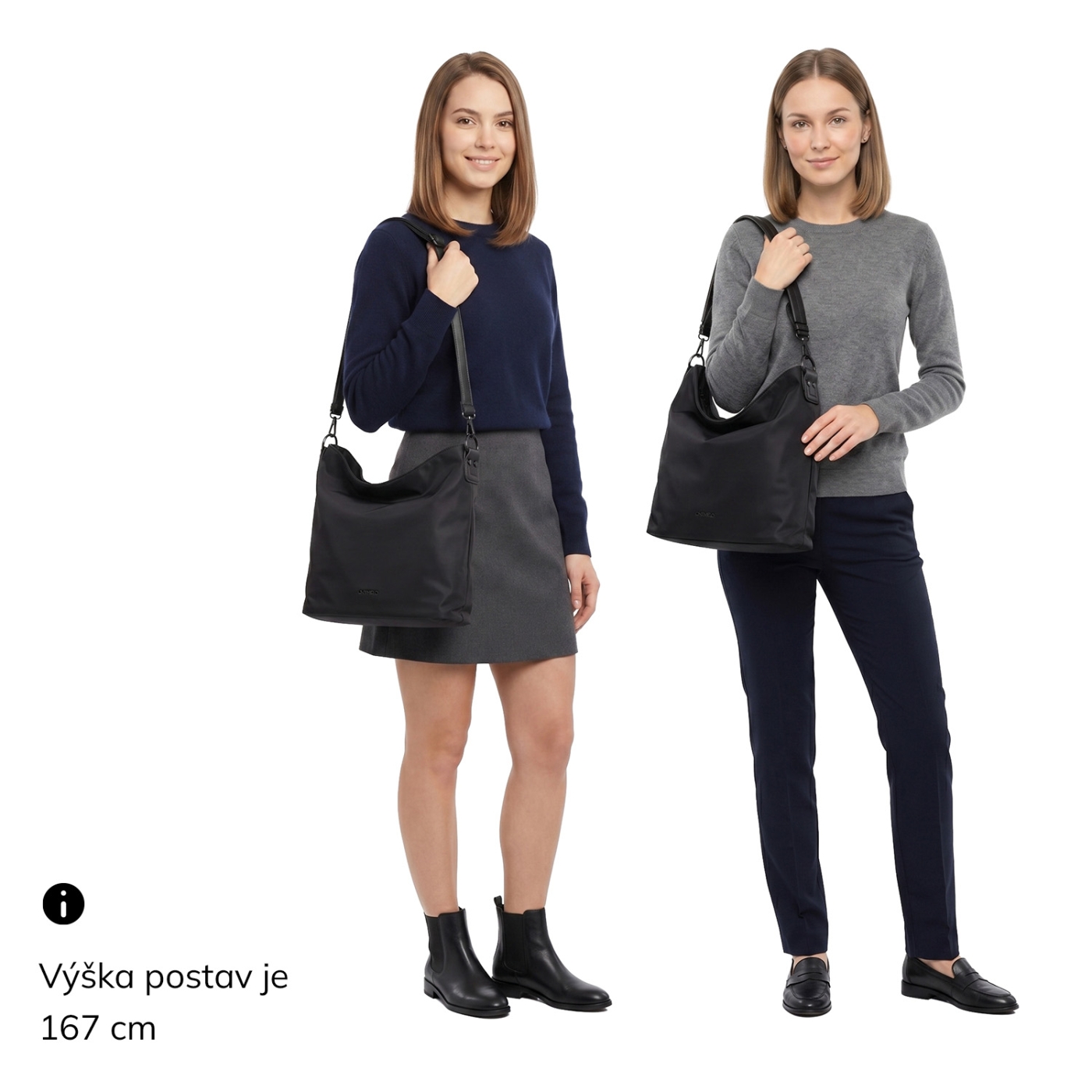 Elegantní dámská kabelka se dvěma popruhy Carmelo materiál nylon zapínání na zip barva černá velikost střední 6603 C LE Na postavě