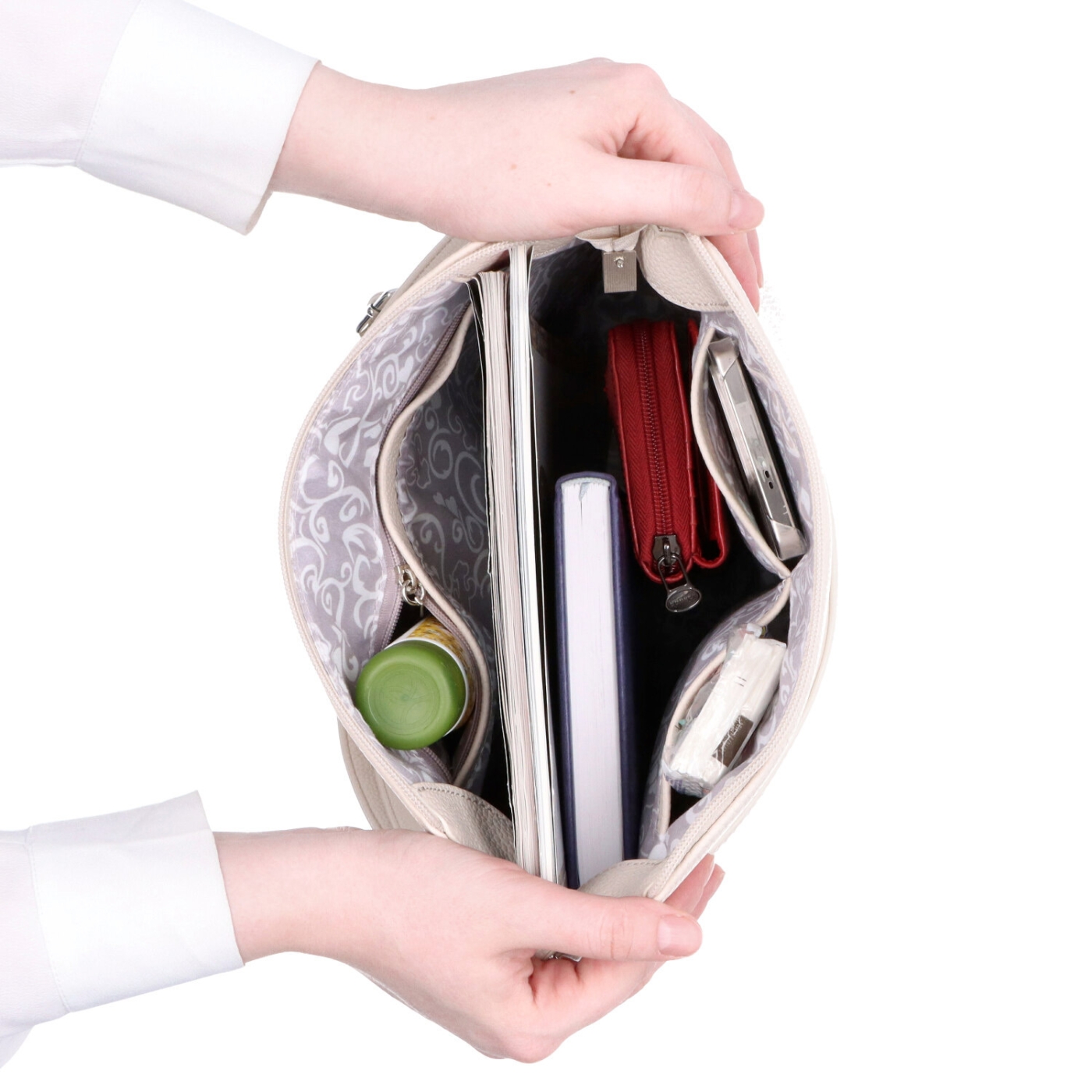 Střední crossbody kabelka s přední kapsou na cvoček Carmelo materiál syntetická kůže zapínání na zip barva béžová velikost střední 4331 BE Vnitřek