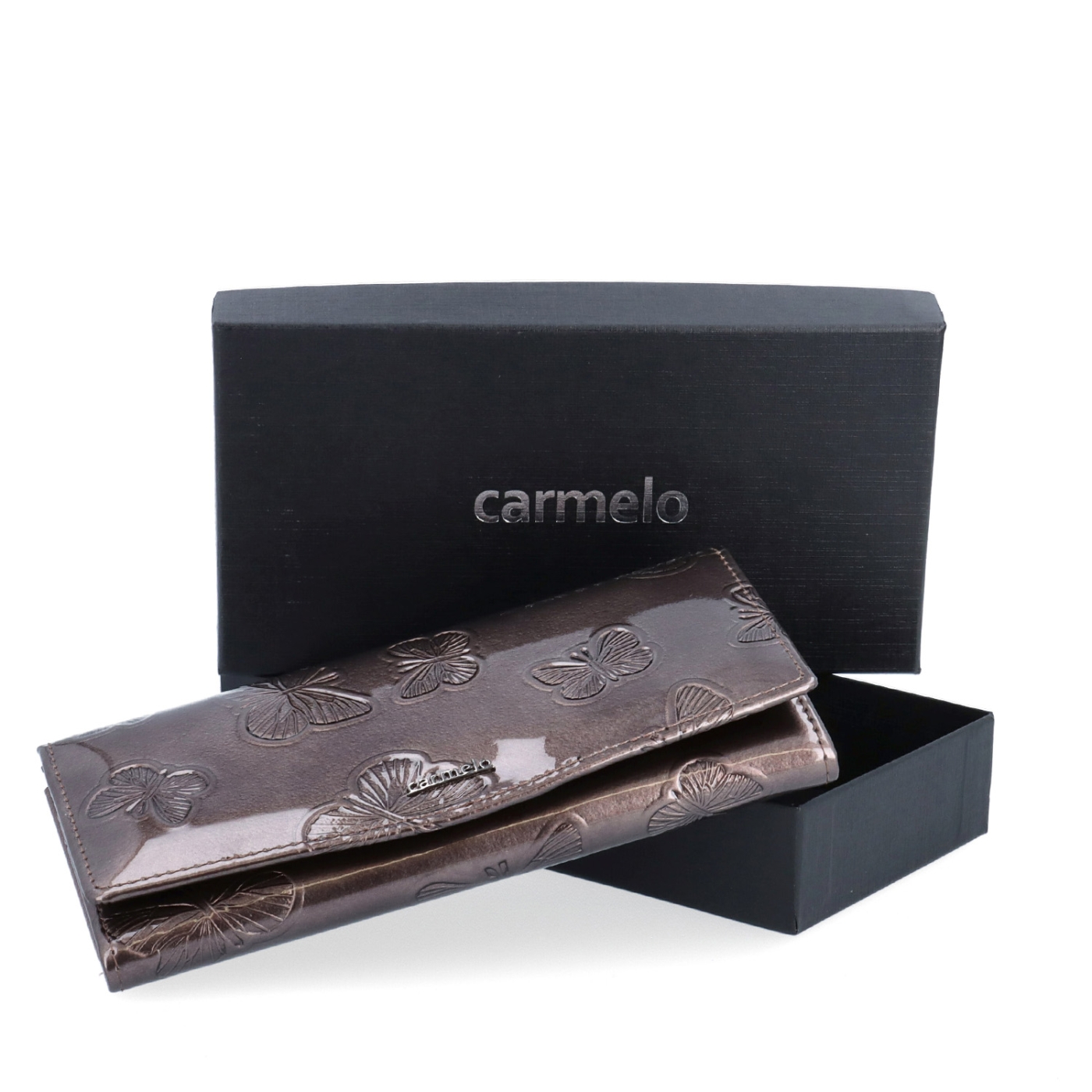 Elegantní dlouhá peněženka Carmelo materiál kůže zapínání na cvoček barva taupe velikost velká 2109 M T Krabička