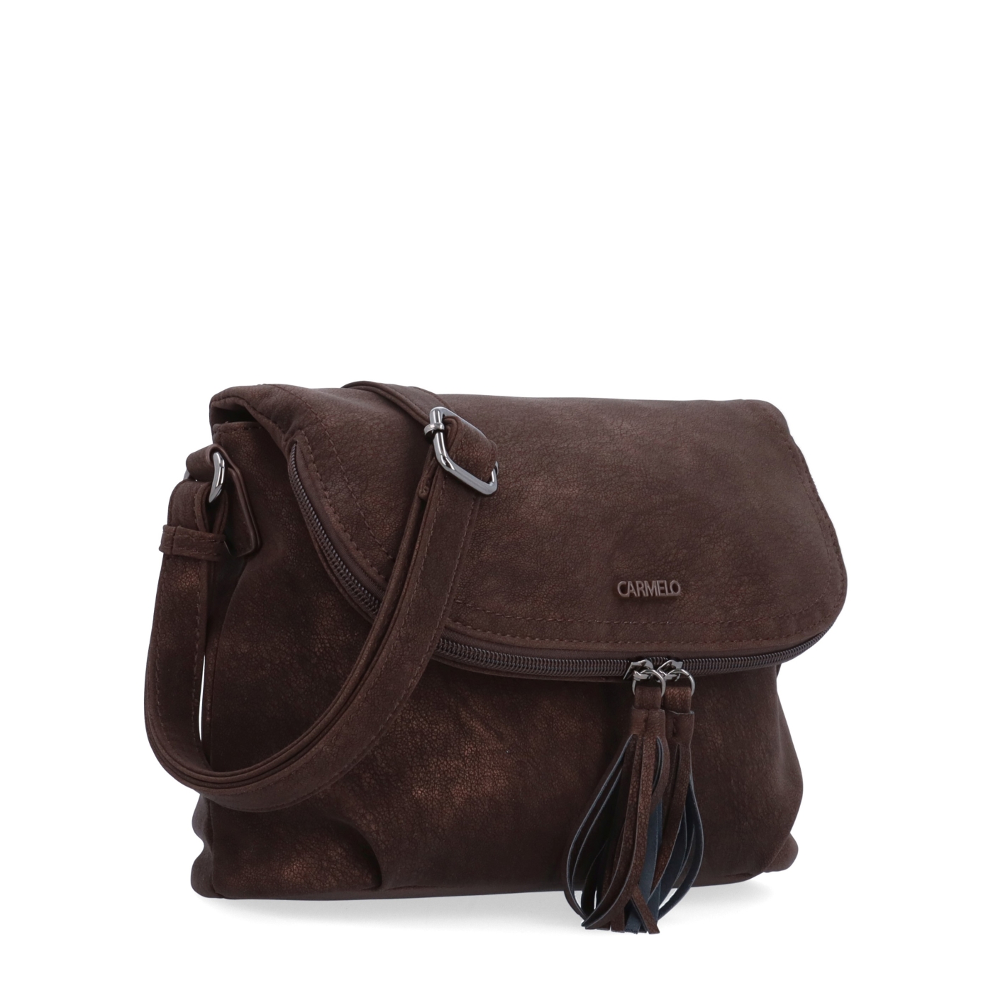 Stylová crossbody kabelka s praktickou klopou Carmelo materiál syntetická kůže zapínání na zip barva hnědá velikost malá 4661 H