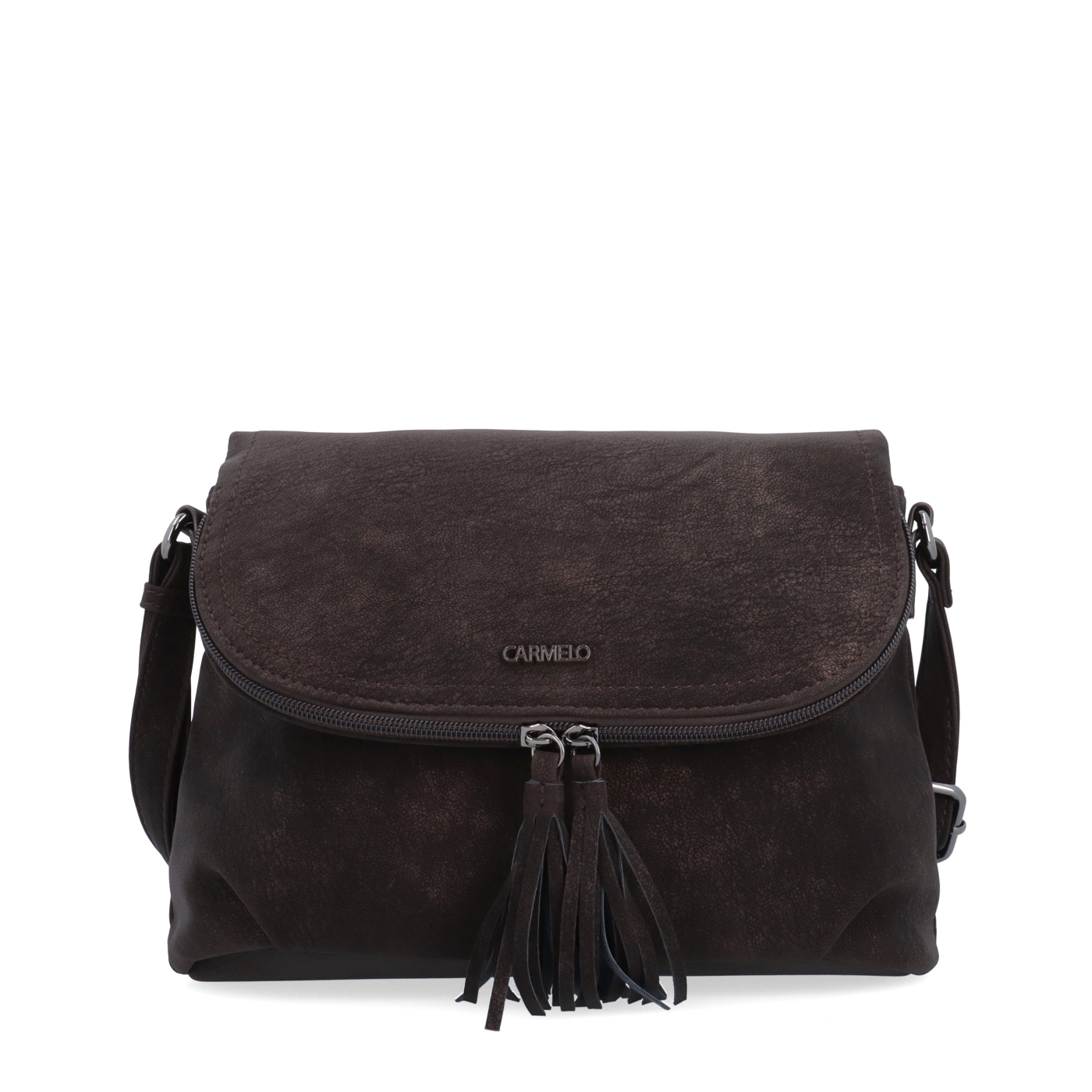 Stylová crossbody kabelka s praktickou klopou Carmelo materiál syntetická kůže zapínání na zip barva hnědá velikost malá 4661 TH Zepředu