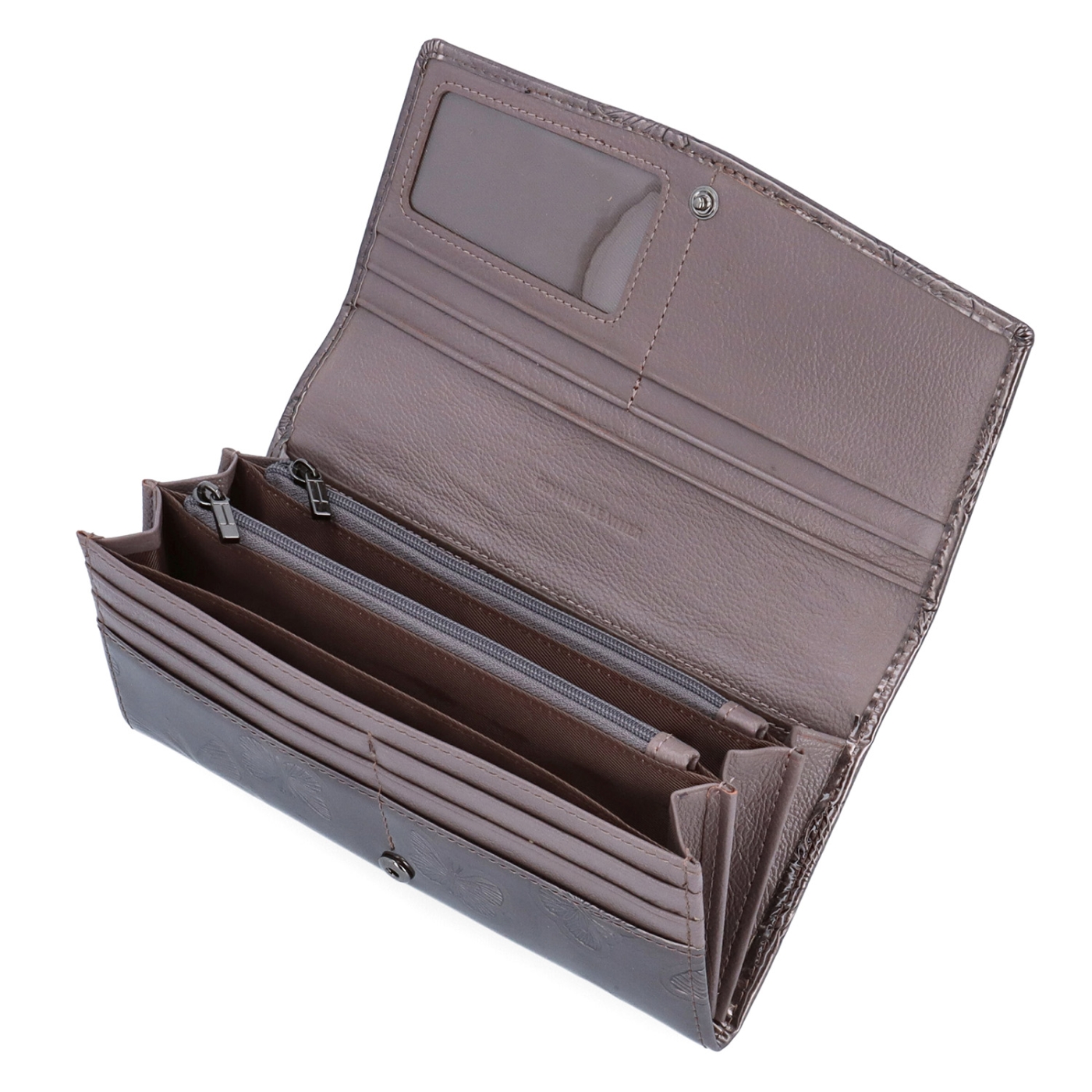 Elegantní dlouhá peněženka Carmelo materiál kůže zapínání na cvoček barva taupe velikost velká 2109 M T Shora